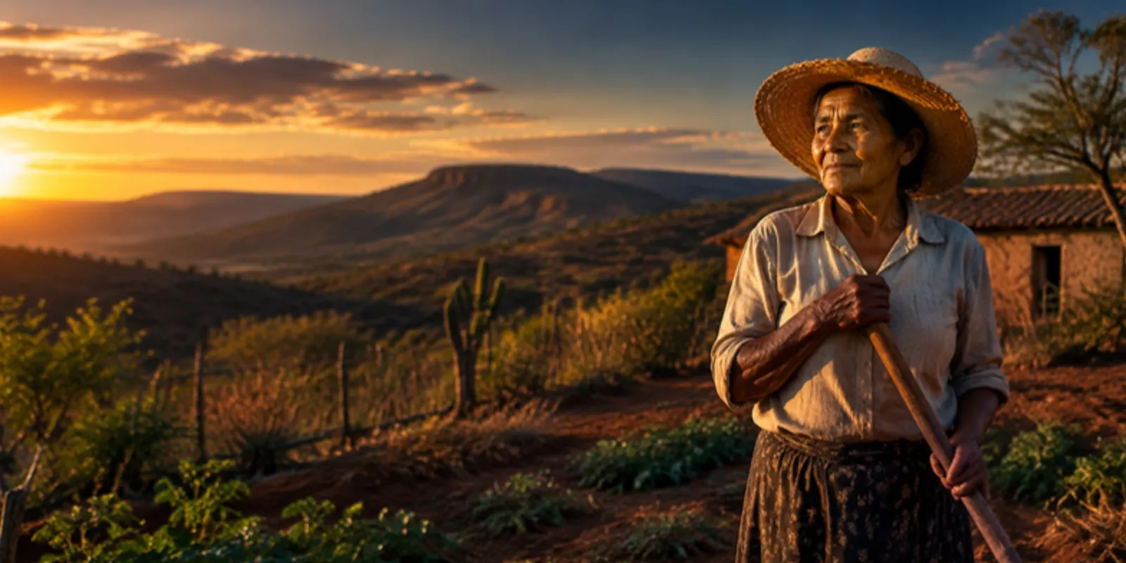 Trabalhadora rural idosa com chapéu de palha e enxada na roça do Vale do Jequitinhonha ao pôr do sol